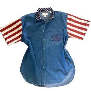 Casual Corner Annex USA Flag Fireworks Embroidered Denim SS Button Up Top L 151S